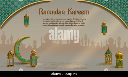 Storia del Ramadan. Lanterna dorata Islam, lampada mubarak e luna su carta tradizionale araba ornamento, elegante bandiera araba orizzontale dorata. Rif Illustrazione Vettoriale