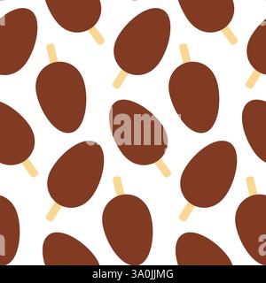 Gelato al cioccolato ovale su bastoncino di legno senza cuciture motivo minimalista dessert congelato ricoperto di cioccolato. Sfondo di illustrazione vettoriale isolato sfondo banner promozionale Web, schede tematiche, opuscoli, tag Illustrazione Vettoriale