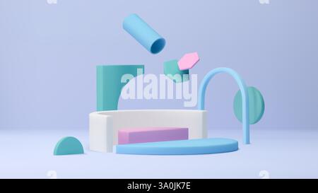 podio 3d per bambini. Scena del prodotto, forma di rendering del giocattolo o divertente display pastello minimale. Spazio geometrico moderno e carino. Vetrina di presentazione. Isolata Illustrazione Vettoriale