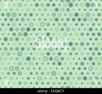 Ripetizione geometrica senza cuciture. Elementi geometrici multicolori di varie dimensioni. Esagoni arrotondati in grassetto celle a mosaico con imbottitura e celle solide interne. Illustrazione Vettoriale