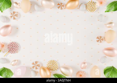 Layout decorativo per le festività pasquali con ornamenti pastello e dettagli floreali su sfondo chiaro. rendering 3d. Foto Stock