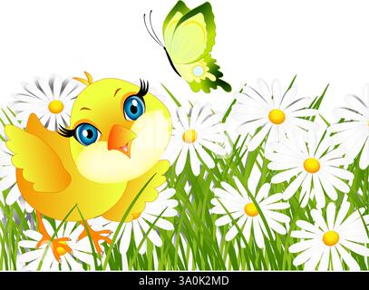 Sfondo con margherite e pollo. Illustrazione Vettoriale