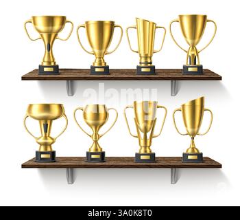 Ripiani in legno con coppe per trofei. Golden Glossy Awards. Premi vincitori 3D sugli scaffali. Scaffale interno a parete. Primo posto. Risultato del campionato. Co Illustrazione Vettoriale