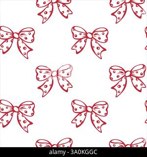 Archi a pois rossi. Nucleo di Coquette. Vettore EPS con motivo senza cuciture disegnato a mano per tessuto, involucro, tessuto, carta da parati, carino nucleo, femminili, romantiche, di design per matrimoni e di carta per scrapbooking. Schizzo del contorno. Illustrazione Vettoriale