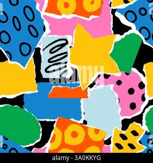 Pezzi tagliati in carta a colori. Parti di cartone modellate. Strappi strappati strappati. Forme collage di scrapbooking. Hobby e creatività per i bambini. Doodle astratto gr Illustrazione Vettoriale