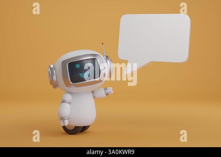 Simpatico robot con ruote e bolla vocale su sfondo arancione. illustrazione 3d. Foto Stock