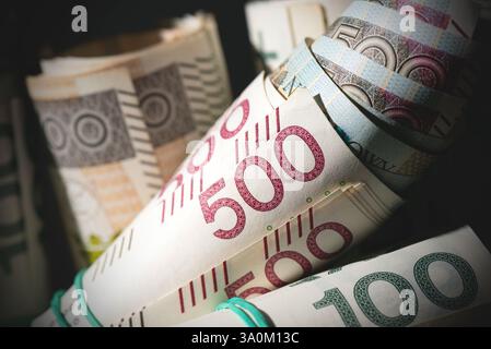 Banconote polacche da 500 dollari, denaro polacco, valuta PLN Foto Stock