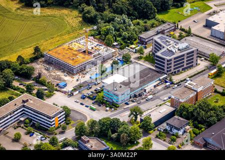 Vista aerea, cantiere in costruzione con nuovo edificio a Solinger Straße, Saarn, Mülheim an der Ruhr, regione della Ruhr, Renania settentrionale-Vestfalia, Germania Foto Stock