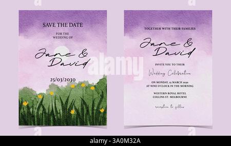 Set di inviti nuziali con campo floreale giallo acquerello con cielo viola Illustrazione Vettoriale