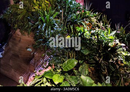Un tranquillo giardino interno a New York, pieno di vegetazione lussureggiante e fiori vivaci. Foto Stock