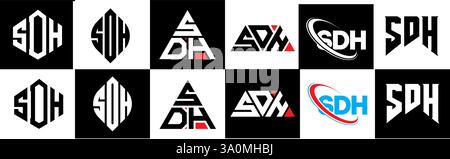 Logo SDH Letter in sei stili. Poligono SDH, cerchio, triangolo, esagono, piatto e semplice con logo lettera di variazione colore bianco e nero Illustrazione Vettoriale