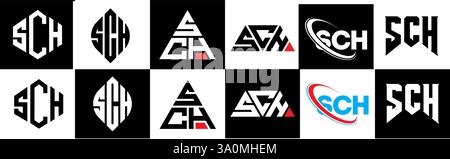 Logo SCH Letter in sei stili. Poligono SCH, cerchio, triangolo, esagono, piatto e semplice con logo lettera variazione colore bianco e nero Illustrazione Vettoriale