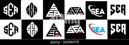 Design con logo SEA Letter in sei stili. Poligono MARINO, cerchio, triangolo, esagono, piatto e semplice con logo lettera variazione colore bianco e nero Illustrazione Vettoriale