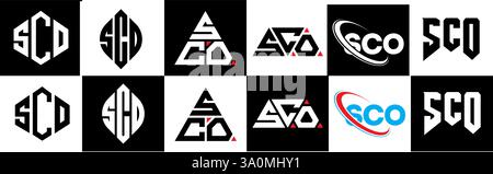 Design con logo SCO Letter in sei stili. Poligono SCO, cerchio, triangolo, esagono, piatto e semplice con logo lettera variazione colore bianco e nero Illustrazione Vettoriale