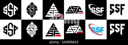 Logo SSF Letter in sei stili. Poligono SSF, cerchio, triangolo, esagono, piatto e semplice con logo lettera di variazione colore bianco e nero Illustrazione Vettoriale