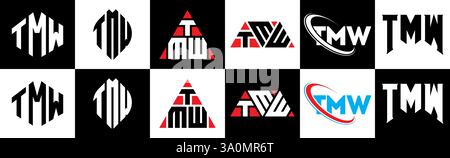 Design con logo TMW Letter in sei stili. Poligono TMW, cerchio, triangolo, esagono, piatto e semplice con logo lettera variazione colore bianco e nero Illustrazione Vettoriale