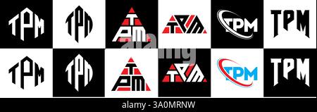 Design con logo TPM Letter in sei stili. Poligono TPM, cerchio, triangolo, esagono, piatto e semplice con logo lettera variazione colore bianco e nero Illustrazione Vettoriale
