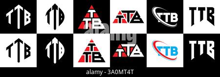 Design con logo TTB Letter in sei stili. Poligono TTB, cerchio, triangolo, esagono, piatto e semplice con logo lettera variazione colore bianco e nero Illustrazione Vettoriale