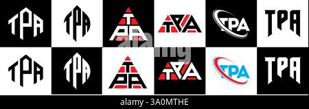 Design con logo TPA Letter in sei stili. Poligono TPA, cerchio, triangolo, esagono, piatto e semplice con logo lettera variazione colore bianco e nero Illustrazione Vettoriale