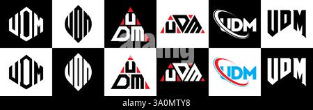 Logo UDM Letter design in sei stili. Poligono UDM, cerchio, triangolo, esagono, stile semplice e piatto con logo lettera di variazione colore bianco e nero Illustrazione Vettoriale