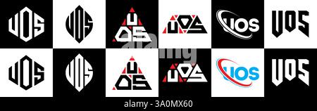 Logo UOS Letter in sei stili. Poligono, cerchio, triangolo, esagono, stile semplice e piatto con logo lettera di variazione colore bianco e nero Illustrazione Vettoriale