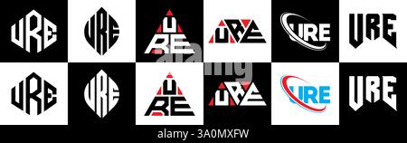 Logo URE Letter in sei stili. Poligono, cerchio, triangolo, esagono, piatto e semplice con logo lettera di variazione colore bianco e nero Illustrazione Vettoriale