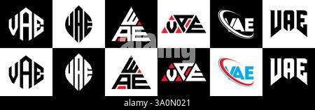 Logo VAE Letter in sei stili. Poligono VAE, cerchio, triangolo, esagono, piatto e semplice con logo lettera variazione colore bianco e nero Illustrazione Vettoriale