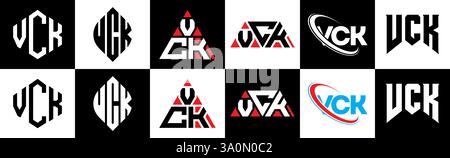 Design con logo VCK Letter in sei stili. Poligono VCK, cerchio, triangolo, esagono, piatto e semplice con logo lettera variazione colore bianco e nero Illustrazione Vettoriale