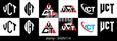 Logo VCT Letter in sei stili. Poligono VCT, cerchio, triangolo, esagono, piatto e semplice con logo lettera di variazione colore bianco e nero Illustrazione Vettoriale