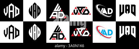 Logo VAD Letter in sei stili. Poligono VAD, cerchio, triangolo, esagono, piatto e semplice con logo lettera di variazione colore bianco e nero Illustrazione Vettoriale