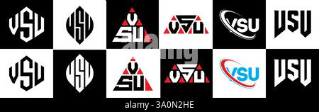 Logo VSU Letter in sei stili. Poligono VSU, cerchio, triangolo, esagono, piatto e semplice con logo lettera variazione colore bianco e nero Illustrazione Vettoriale