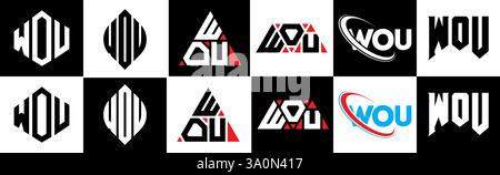 Logo WOU Letter in stile sei. Poligono, cerchio, triangolo, esagono, piatto e semplice con logo lettera variazione colore bianco e nero Illustrazione Vettoriale