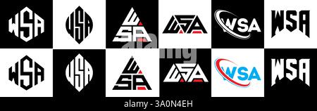 Logo WSA Letter in sei stili. Poligono WSA, cerchio, triangolo, esagono, piatto e semplice con logo lettera variazione colore bianco e nero Illustrazione Vettoriale