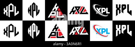 Logo XPL Letter in sei stili. Poligono XPL, cerchio, triangolo, esagono, piatto e semplice con logo lettera variazione colore bianco e nero Illustrazione Vettoriale