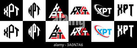Logo XPT Letter in sei stili. Poligono XPT, cerchio, triangolo, esagono, piatto e semplice con logo lettera variazione colore bianco e nero Illustrazione Vettoriale