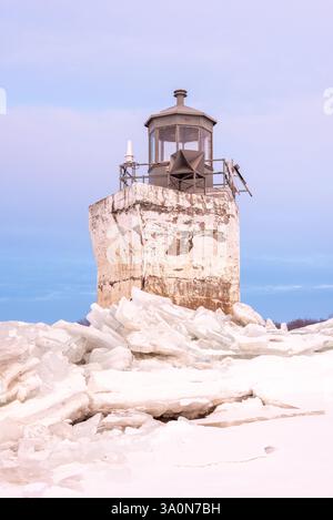 In inverno, il fiume San Lorenzo ghiacciato al livello del lago Saint-Pierre con il faro di fronte al Parc Écomareles de l'Anse-du-Port Foto Stock