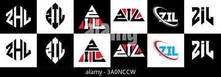 Logo ZIL Letter in sei stili. Poligono ZIL, cerchio, triangolo, esagono, piatto e semplice con logo lettera variazione colore bianco e nero Illustrazione Vettoriale