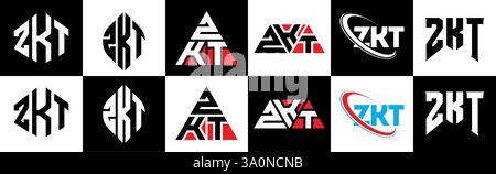 Design con logo ZKT Letter in sei stili. Poligono ZKT, cerchio, triangolo, esagono, piatto e semplice con logo lettera variazione colore bianco e nero Illustrazione Vettoriale