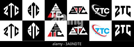 Design con logo ZTC Letter in sei stili. Poligono ZTC, cerchio, triangolo, esagono, piatto e semplice con logo lettera variazione colore bianco e nero Illustrazione Vettoriale