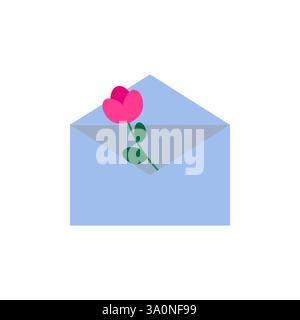 Busta con fiore. Icona lettera romantica. Simbolo del messaggio d'amore. Posta di carta blu. Illustrazione Vettoriale