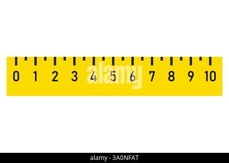Icona del righello di misurazione. Strumento scala gialla. Striscia numerata in centimetri. Design lineare piatto. Illustrazione Vettoriale