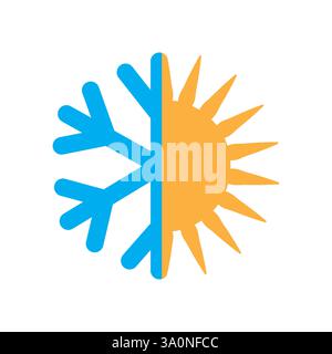 Sole e fiocchi di neve. Contrasto caldo-freddo. Icona della temperatura del climatizzatore. Simbolo meteo stagionale. Illustrazione Vettoriale