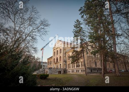 ARANDJELOVAC, SERBIA - 28 GENNAIO 2024: Hotel Staro Zdanje abbandonato nel Parco di Arandjelovac Bukovicke Banje sorge tra pini torreggianti. e' un maggiore Foto Stock
