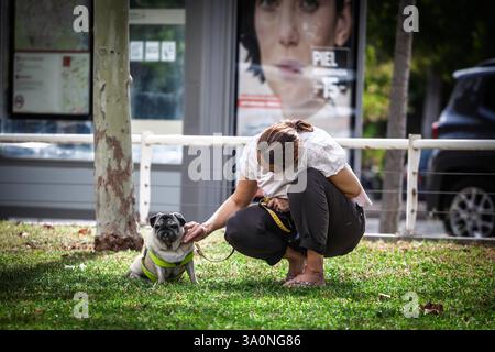 VALENCIA, SPAGNA - 13 OTTOBRE 2024: Donna accovacciata sull'erba a Valencia per accarezzare delicatamente il suo cucciolo, rivelando un toccante momento di compagnia. Il rilassato Foto Stock