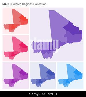 Raccolta mappe del Mali. Forma del paese con regioni colorate. Viola intenso, rosso, rosa, viola, indaco, tavolozze di colore blu. Illustrazione Vettoriale