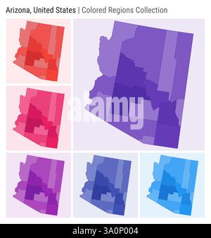 Arizona, Stati Uniti. Raccolta mappe. Stato forma. Contee colorate. Viola intenso, rosso, rosa, viola, indaco, tavolozze di colore blu. Illustrazione Vettoriale