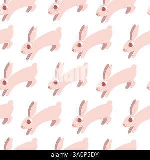 Motivo senza cuciture con coniglietti rosa che sperano su sfondo bianco Illustrazione Vettoriale
