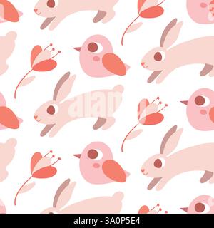 Motivo senza cuciture con allegri coniglietti, uccelli e fiori in tenui toni pastello Illustrazione Vettoriale