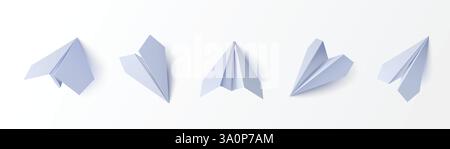 Piani di carta impostati isolati su sfondo bianco. Illustrazione vettoriale realistica di aerei origami vuoti, messaggi, posta, simboli di viaggio che volano in direzioni diverse, icona di app Messenger o turismo Illustrazione Vettoriale