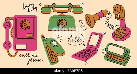 Collezione di cartoni animati per telefoni d'epoca con telefono fisso rotante, telefono fisso, dispositivo mobile pieghevole e ricevitore retrò. Apparecchiature di comunicazione della vecchia scuola con bolle di testo. Illustrazione nostalgica delle telecomunicazioni. Illustrazione Vettoriale